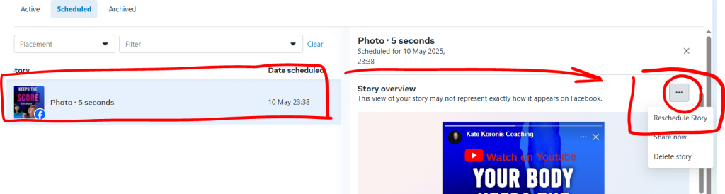 Rescheduling scheduled Facebook story
