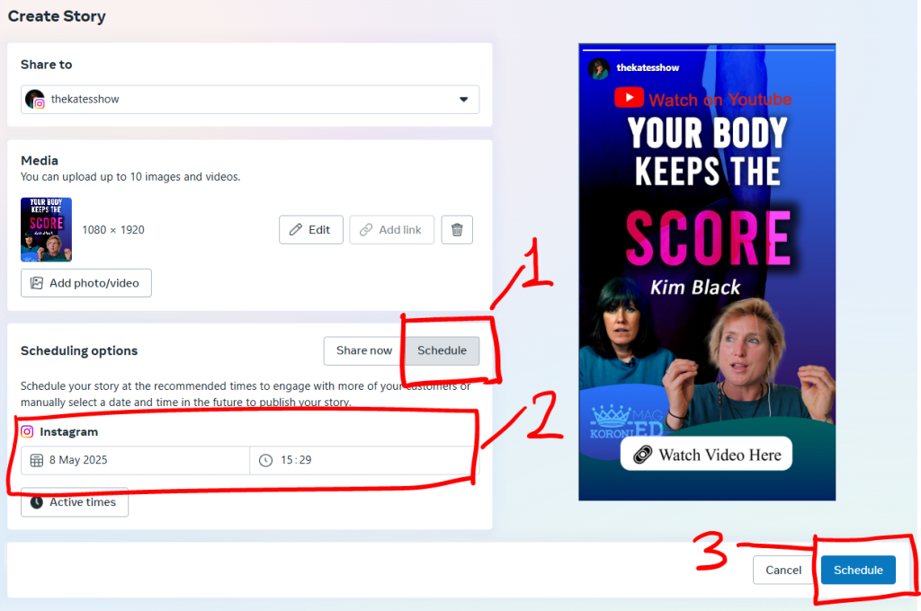 Scheduling the Instagram Story via Meta (Business Facebook)