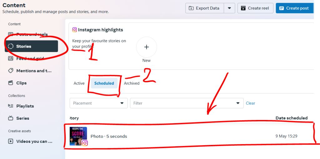 Scheduling the Instagram Story via Meta (Business Facebook)
