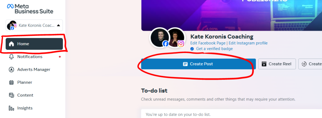 Create Post button on the Meta Business Suite Home Page