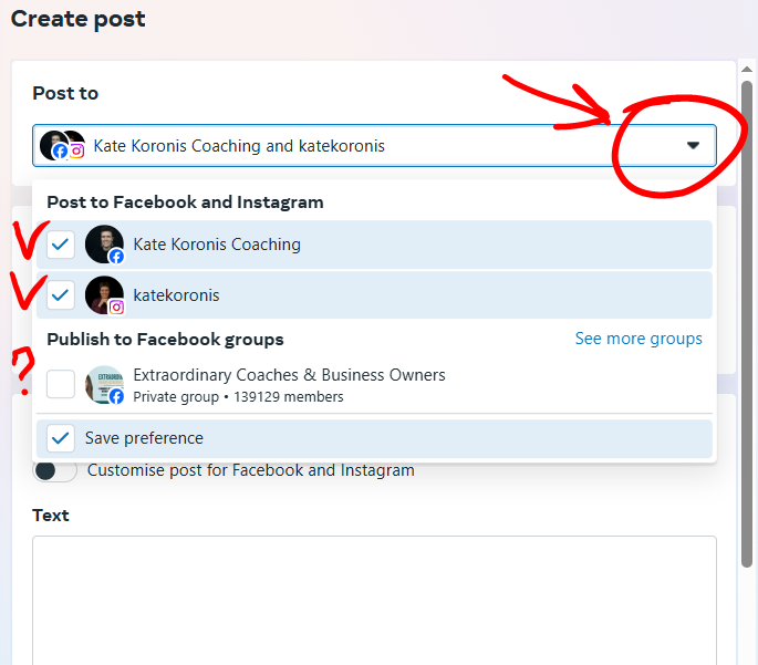 Choosing Facebook page, groups and Instagram account to crosspost to