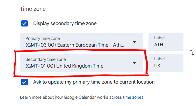 Secondary time zone drop down menu